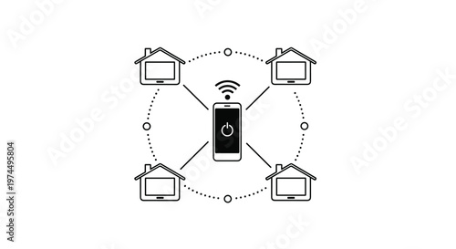 Smart home automation concept illustration showing a central mobile phone controlling four separate house units via wifi.
