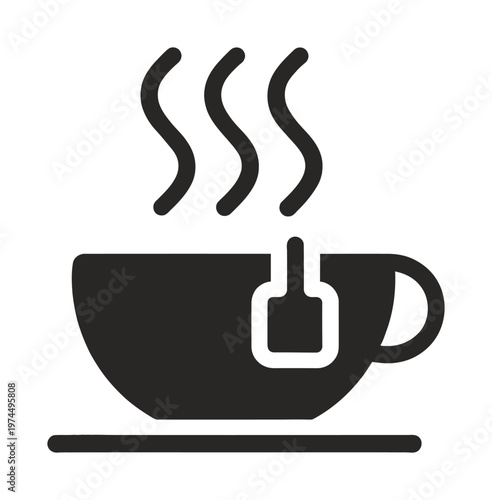 Vector of a steaming cup of tea with a tea bag hanging out.