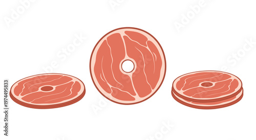 Fresh raw beef steak slices with visible marbling and bone in the center shown from different angles on a plain background.