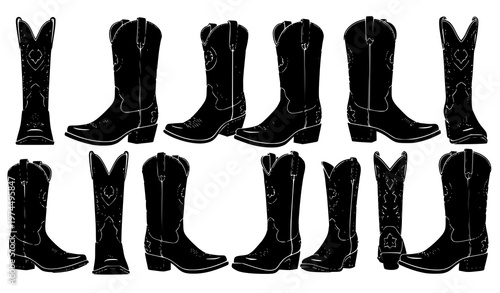 Cowboy boot black silhouette vector illustration set