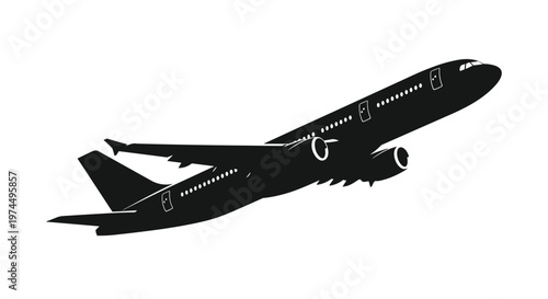Detailed black silhouette of a large commercial airplane taking off against a white background for travel and aviation.