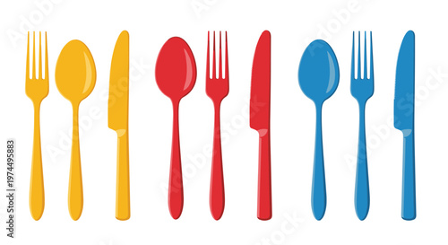 Colorful set of plastic cutlery including forks, spoons, and knives in bright yellow, red, and blue colors for picnics.