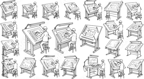 Collection of Line Art Vector Illustrations Depicting Architects and Engineers Working on Drafting Tables and a Computer Desk, Drawing and Designing Technical Plans