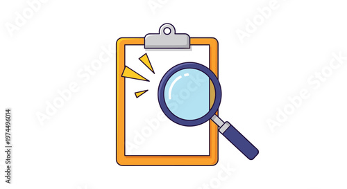 Magnifying glass placed over a blank clipboard on an orange background signifies a search for information or data review.