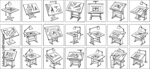 Drafting Tables: A Collection of Isolated Line Art Illustrations