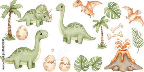 Dinosaur illustrations with palm trees and volcano eruption in prehistoric landscape