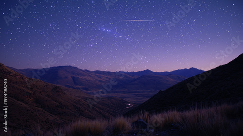 Starry night sky mountain landscape valley river grass twilight serene astronomy galaxy peaceful atmosphere