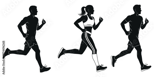 Running silhouettes with male and female athletes, sportswear outfits, motion stride action, fitness training activity design, flat vector illustration