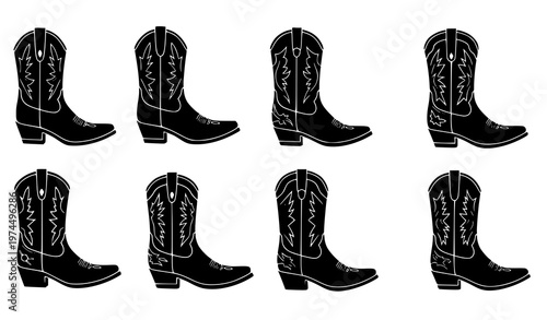 Black cowboy boot vector set western footwear silhouettes