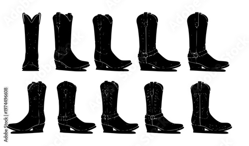 Western cowboy boots black vector illustration collection