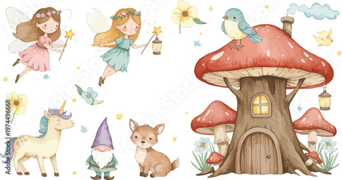 Whimsical fantasy illustration of fairy tale creatures and mushroom house in a magical forest setting with animals and fairies