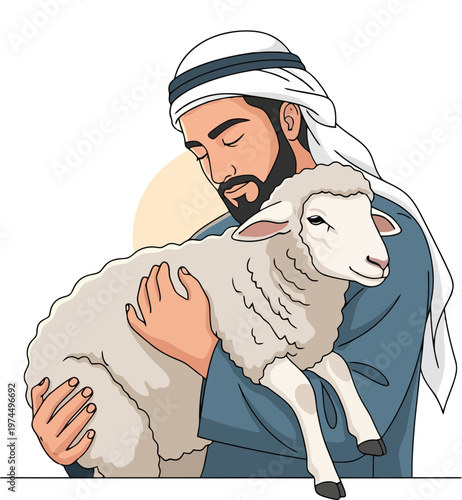 Muslim Man Holding White Sheep Qurbani Vector - Eid Al-Adha Islamic Sacrifice Festival Arabic Shepherd Traditional Clothing Flat Design