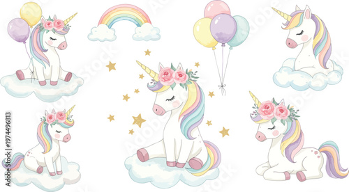 Whimsical pastel colored unicorns on clouds with rainbows and flowers