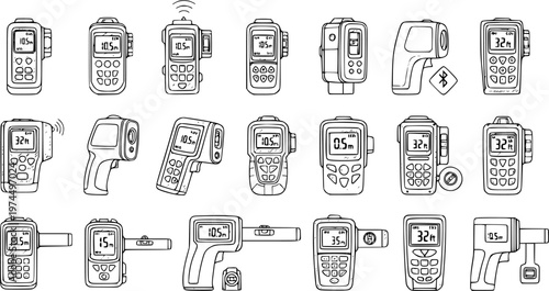 Hand-drawn vector set of laser distance meters and rangefinders, isolated. Collection of various digital distance measuring tools and devices in sketch style, showing different designs.