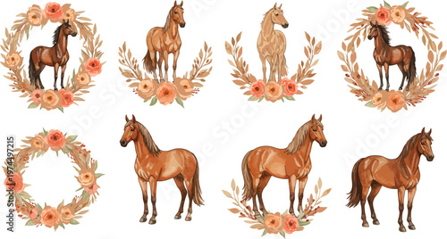 Brown horses and floral wreaths in various poses and arrangements