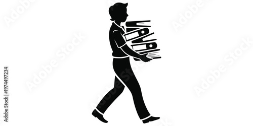 Worker silhouette carrying stack of binders, overloaded responsibilities, busy office stress concept, workplace burden artwork design, flat vector illustration