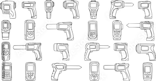 Vector set of various outline infrared thermometers and thermal imaging cameras. Handheld digital temperature guns for non-contact measurement.