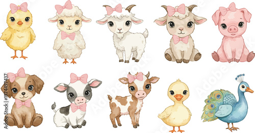 Adorable baby animals wearing pink party hats on white background