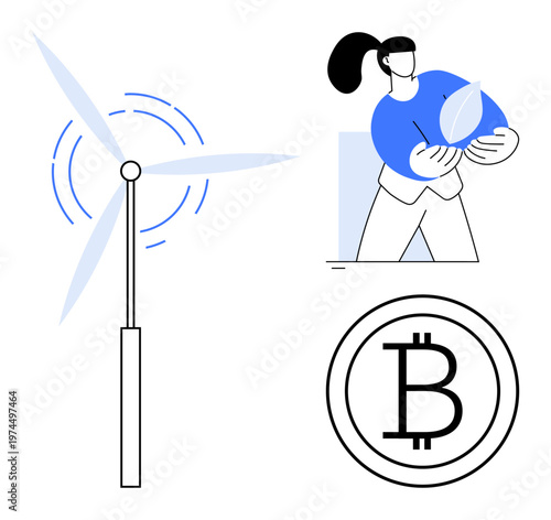 Renewable energy, cryptocurrency usage, sustainability, environmentally friendly apps, finance networks, digital solutions. Wind turbine, Bitcoin symbol person holding a leaf. Renewable energy