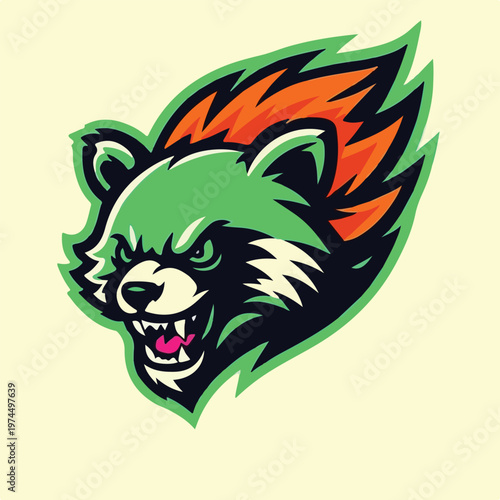 Aggressive green raccoon mascot logo design featuring fierce expression and vibrant flame accents for professional sports team branding identity projects