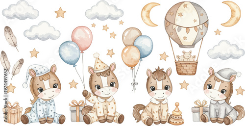 Whimsical illustration of unicorns and hot air balloon in a magical sky with clouds and stars