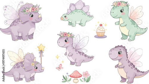 Whimsical illustration of cute dragons and fairies in a magical setting
