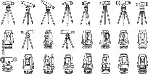 Outline Icons: Surveying Instruments, Total Stations, Theodolites, and Telescopes on Tripods. Engineering, Construction, Architecture Tools Line Art