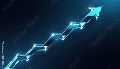 Premium 3D illustration of business success and financial growth. Diagonal ascending crystal arrows glow with cyan and silver light against a dark navy blue background. 
