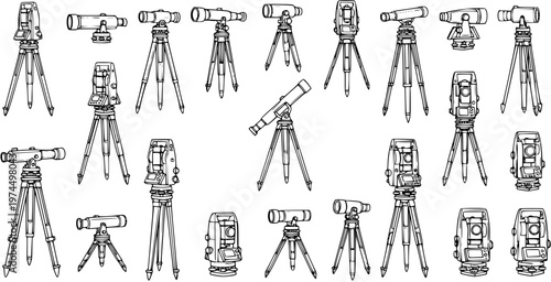 Surveying Instruments Seamless Pattern: Theodolite, Total Station, Telescope, Leveling Tool, Triangulation, Measurement Equipment Line Art