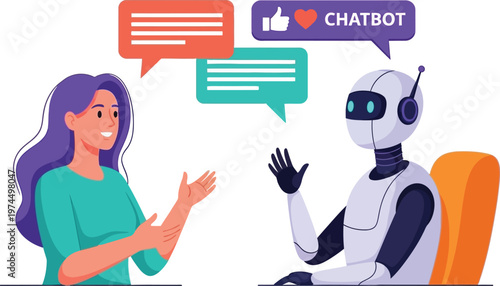 Woman interacts with a friendly chatbot robot companion