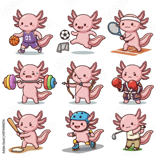 Set of 9 Cute Axolotl Characters - Kawaii Axolotl Playing Basketball, Soccer, Tennis, Weightlifting, Archery, Boxing, Baseball, Rollerblading, and Golf - Vector Illustration