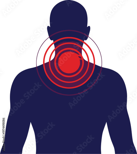 Person experiencing neck pain with red circles indicating discomfort