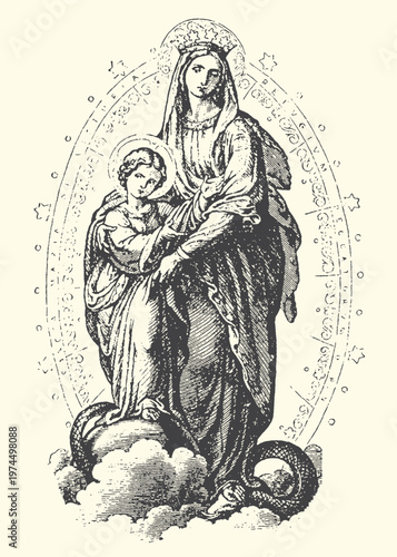 Virgin Mary illustration with baby Jesus holding a snake in a vintage engraving style for religious print design projects