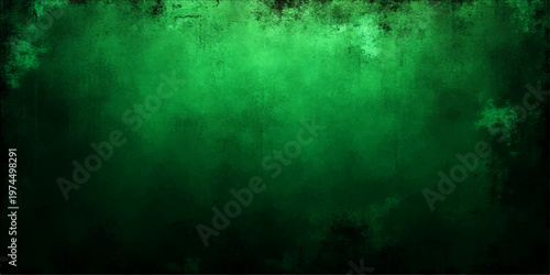 A vintage green grunge background featuring radiant rays across a dark aged paper texture with rough paint and rusty metal stains on a dirty concrete wall surface backdrop