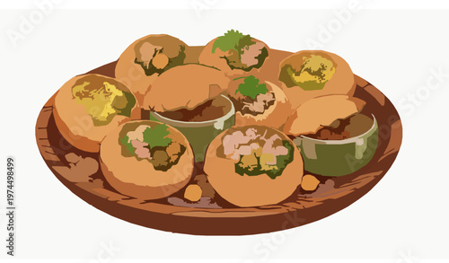 Pani puri in wooden plate vector illustration isolated on white