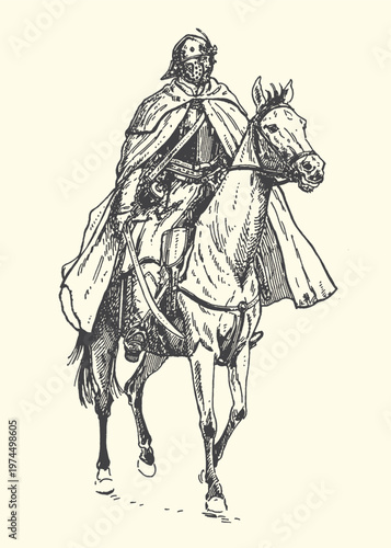 Knight on Horseback Vintage Vector Illustration. A Medieval Warrior Figure with Helmet and Flowing Cape Riding a Horse. Historical Graphic Design.