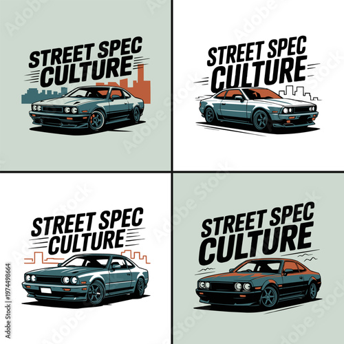 Four stylish pixel art car designs featuring the bold street spec culture logo text for modern automotive clothing brand prints