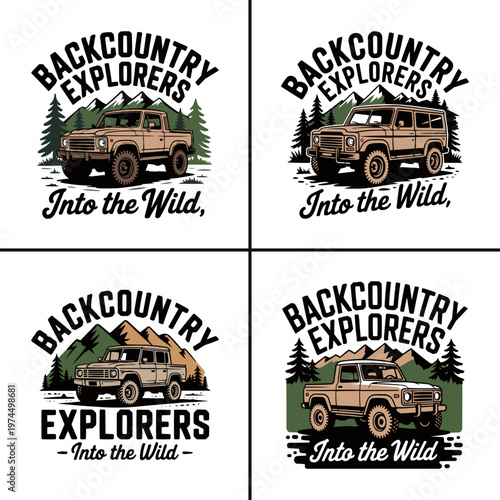 A collection of vintage-style backcountry explorers emblems featuring off-road vehicles amidst mountains and forests for outdoor adventure branding.