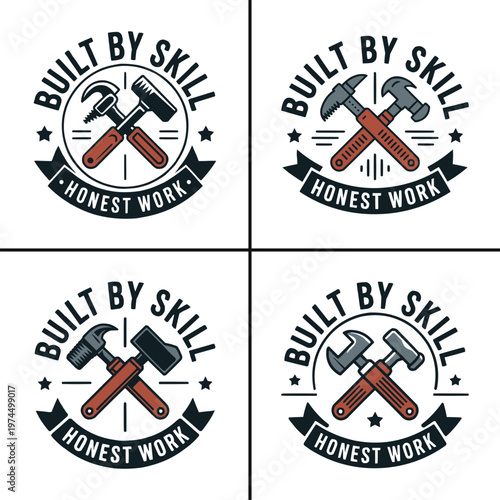 Four vintage style construction emblems featuring crossed hammer icons with text slogans for professional building services and trade company branding