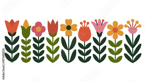 A charming row of pixel art flowers in vibrant spring colors creating a delightful border design, perfect for digital crafts and textile patterns.