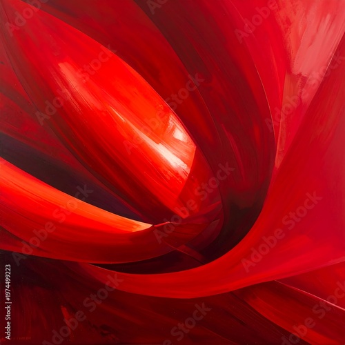 A swirling abstract composition of vibrant red and orange hues