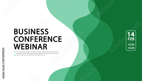 Minimalist business webinar banner template featuring abstract green liquid fluid shapes background. Vector illustration with large copy space for digital marketing ads and virtual event backdrop.