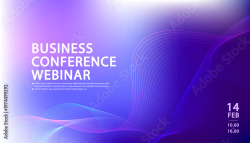 Professional business conference webinar banner with abstract dark blue wavy lines background.