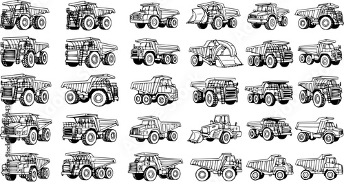 Canvastavla Detailed hand-drawn line art collection of various dump trucks, heavy construction vehicles, industrial excavators, and wheel loaders in a monochrome doodle style