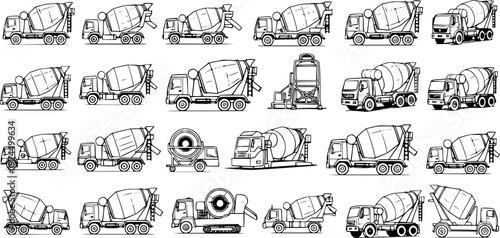 Collection of concrete mixer trucks in black and white line art style, showcasing various designs and angles. Vector illustrations of cement trucks for construction and transportation concepts.