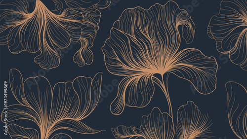 Elegant floral pattern featuring delicate hand drawn copper flowers arranged beautifully on a dark navy blue textured background surface design