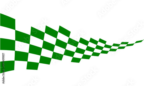 Dynamic green and white checkered racing flag waving in perspective, motorsport finish line symbol for speed, competition, and championship event design on white background