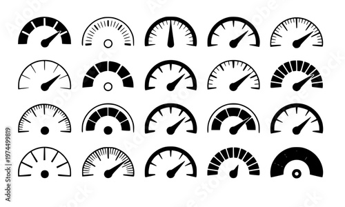 Collection of black speedometer and gauge icons set with various needle positions, minimalist tachometer symbols for speed, performance, and progress indicators on white background
