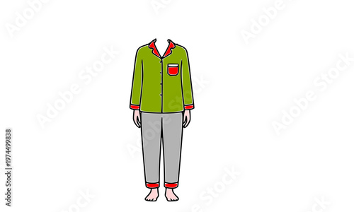 Comfortable men's green pajama set with red trim, gray lounge pants, and matching red slippers, cozy sleepwear outfit isolated on white background