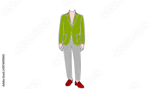 Stylish men's fashion outfit with lime green blazer, light gray trousers, white shirt, and red loafers isolated on white background, modern smart casual look